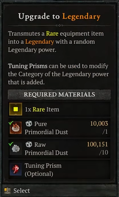 Upgrade to Legendary 界面